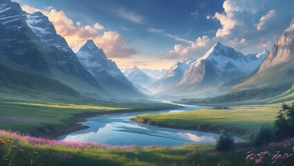 Mountain Valley Panorama: A breathtaking view of a mountain valley unfolds, a river winding through a lush green meadow, snow-capped peaks reaching towards a blue sky filled with fluffy clouds.