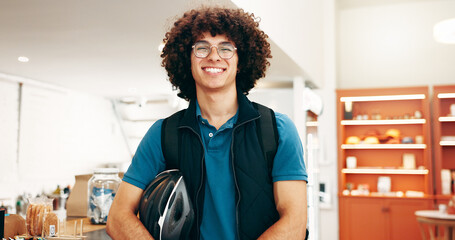 Food delivery, service and portrait with man in cafe for online order, ecommerce and courier package. Restaurant takeaway, hospitality and bakery checkout with person in coffee shop for pickup © peopleimages.com