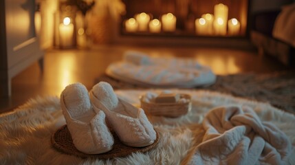 A plush white bathrobe with matching slippers, arranged in a warm and inviting spa setting.