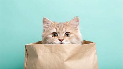 Cat playtime routines concept Cat peeking out from a brown paper bag against a teal background.