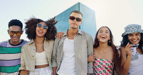 Urban, happy and friends in city with fashion in summer for cool, edgy or trendy style together....