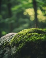 Vibrant green moss growing on a dark grey rock in a lush forest wet wild leaf plant image stone