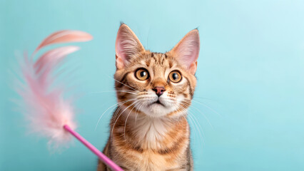 Cat playtime routines concept Playful cat with feather toy against a blue background.