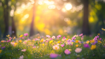 Vibrant wildflower meadow illuminated by soft sunlight in a forest, Magical forest scene with sun rays filtering through trees warm sunlight, Creating a natural serene in a peaceful environment.