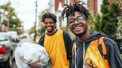 Volunteer young African American black men are cleaning up litter in urban street environments.