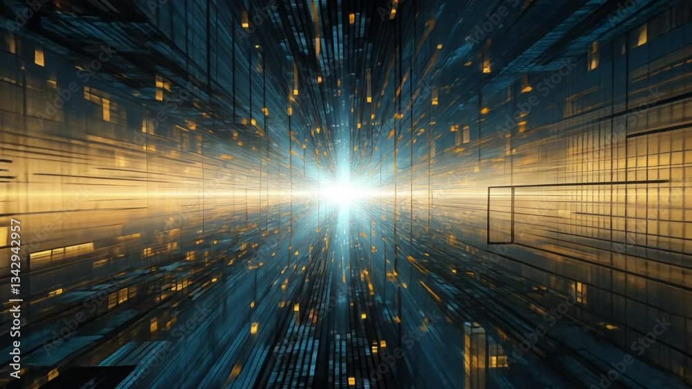 Poster digital zenith: a dynamic digital abstract design of light and data streams converging into a vibran