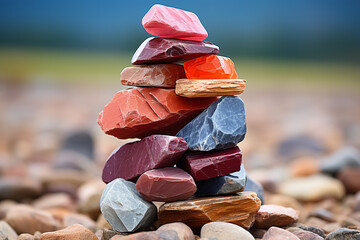 Behold, a wondrous tableau unfolds, as colorful artistry of constructing a rock cairn, imbued with purpose and profound contemplation, manifests in meticulous placement of every stone - obrazy, fototapety, plakaty
