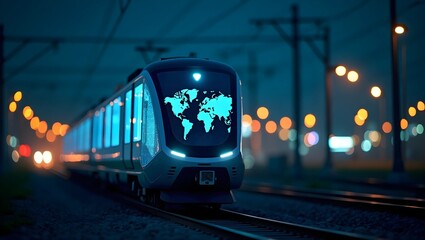 Naklejka premium The Future of Travel: High-Tech Train with Global Symbol on a Contemporary Platform