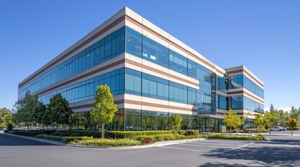 Obraz premium A corporate office building exterior with glass windows and a modern design.