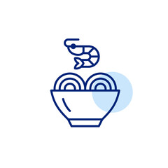 Bowl of noodles with shrimp. Eating ramen with chopsticks. Fast food, takeaway, delivery or snacks on the go. Pixel perfect, editable stroke vector icon