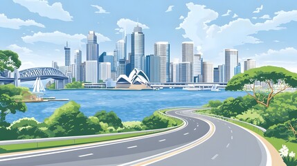 Obraz premium Vibrant Cityscape with Iconic Architecture and Waterfront Bridge