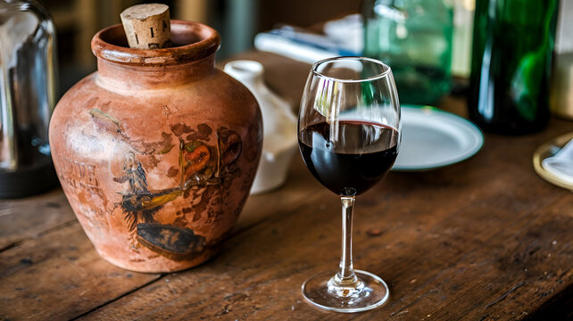 Ancient wine jar and wine glass