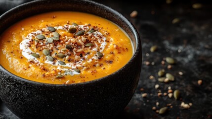 A steaming bowl of vibrant orange pumpkin soup, topped with a swirl of creamy coconut milk and a sprinkle of toasted pumpkin seeds, promised warmth and comfort on a chilly day.