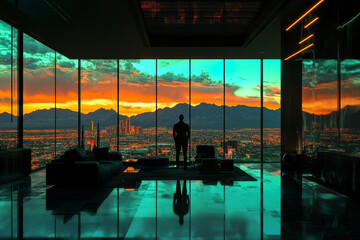 Futuristic extremely expensive bachelor pad high rise penthouse in downtown, tall windows with 360-degree view