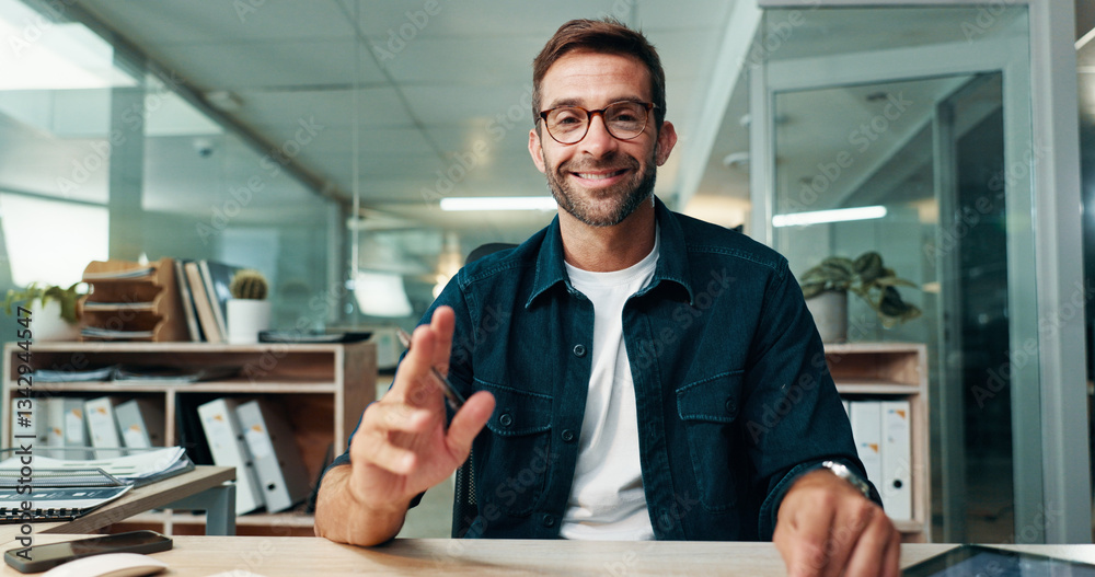 Poster happy, man or journalist with portrait for video call, article info or interview with source or offi