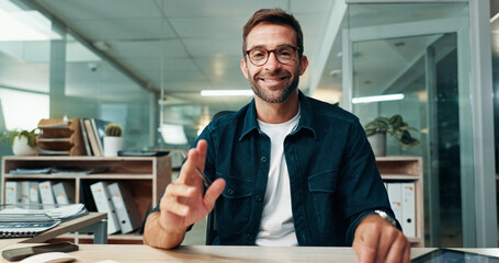 Happy, man or journalist with portrait for video call, article info or interview with source or...