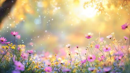Fototapeta premium Vibrant wildflower meadow illuminated by soft sunlight in a forest, Magical forest scene with sun rays filtering through trees warm sunlight, Creating a natural serene in a peaceful environment.