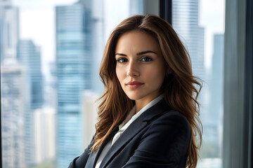 A confident businesswoman in a stylish suit stands in a sleek, modern office