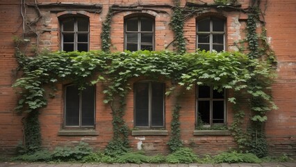 Naklejka premium A weathered brick wall partially covered with green ivy.