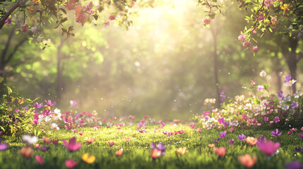 Obraz premium Vibrant wildflower meadow illuminated by soft sunlight in a forest, Magical forest scene with sun rays filtering through trees warm sunlight, Creating a natural serene in a peaceful environment.