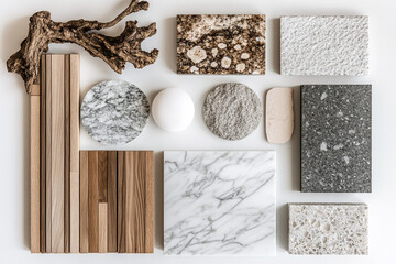 Set of material samples, interior design mood board with natural materials like wood and marble on a white background, top view