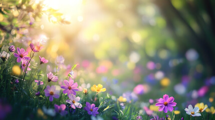Obraz premium Vibrant wildflower meadow illuminated by soft sunlight in a forest, Magical forest scene with sun rays filtering through trees warm sunlight, Creating a natural serene in a peaceful environment.
