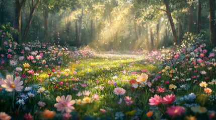 Fototapeta premium Vibrant wildflower meadow illuminated by soft sunlight in a forest, Magical forest scene with sun rays filtering through trees warm sunlight, Creating a natural serene in a peaceful environment.