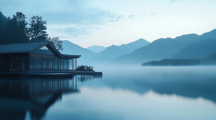 Fototapeta premium Serene lakeside house mountain view calm peaceful mist morning sky zen blue dawn home water quiet