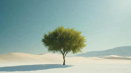 Lonely green tree in a vast white sand desert landscape sun sky dune blue view calm arid image photo