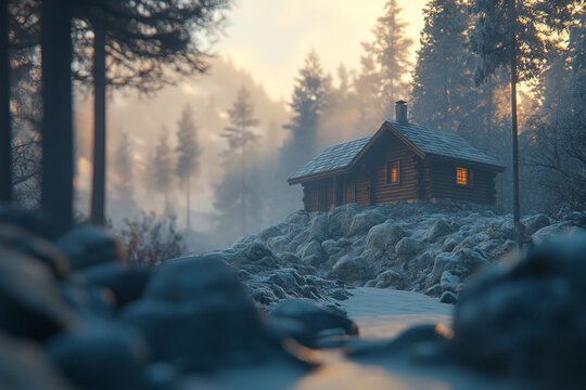 Secluded winter cabin in a misty forest landscape with snow log fog wood cold cozy trees house quiet
