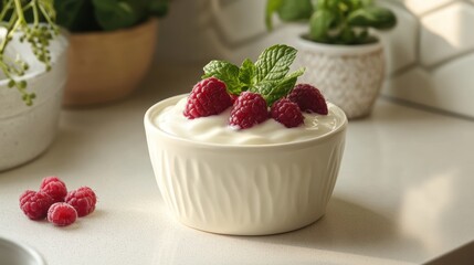 A creamy, smooth container of Greek yogurt, its tangy aroma inviting, sits on a white countertop, ready to be savored.