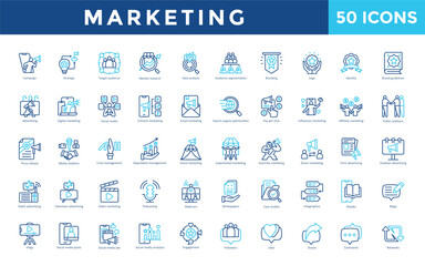Marketing icon set with campaign, strategy, target audience, market research, data analysis, audience segmentation, branding, logo, identity, brand guidelines icon. Simple outline color vector 
