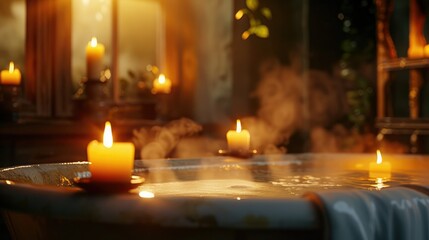 A tranquil bathtub with floating candles and gentle steam rising, creating a peaceful retreat