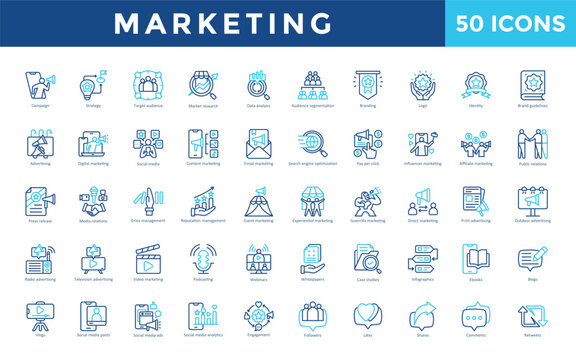 Marketing icon set with campaign, strategy, target audience, market research, data analysis, audience segmentation, branding, logo, identity, brand guidelines icon. Simple outline color vector 
