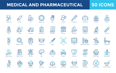 Medical and Pharmaceutical icon set with stethoscope, syringe, pill, medical cross, heart, bandage, thermometer, medical bag, hospital, doctor icon. Simple outline color vector 
