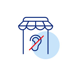 Shopping app on smartphone and ear crossed. No voice commands, silent shopping mode, no audio ads. Hearing impaired accessibility. Pixel perfect, editable stroke vector icon