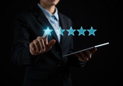A person in a suit holding a tablet and selecting a five-star rating on a glowing virtual interface 01
