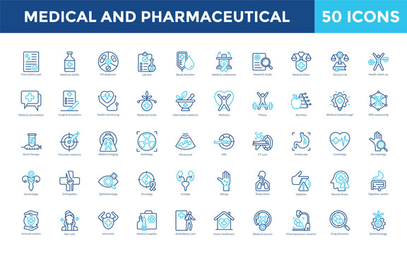 Medical and Pharmaceutical icon set with prescription pad, medicine bottle, pill dispenser, lab test, blood donation, medical conference, research study icon. Simple outline color vector 
