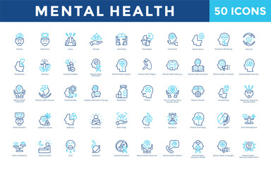 Mental Health icon set with anxiety, depression, stress, therapy, counseling, psychologist, psychiatrist, mental illness, emotional well-being icon. Simple outline color vector 
