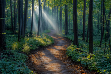 Obraz premium A winding dirt path meanders through a dense, sunlit forest with towering trees, with rays of light filtering through the leaves