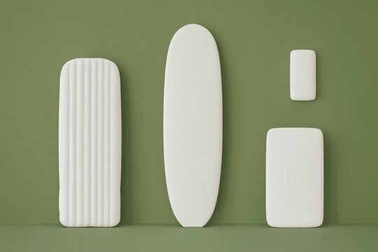 Modern, minimalist surfboards and accessories.  Display of three different shaped items, likely for surfing and related activities