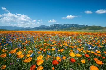 Fototapeta premium A vast field of colorful wildflowers stretches toward the horizon under a bright blue sky