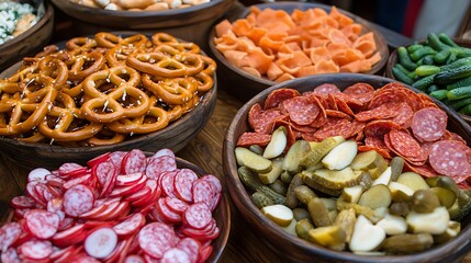 Fototapeta premium A selection of beer fest snacks pretzels pepperoni pickles and radishes