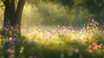 Fototapeta premium Lush sunlit garden with blooming flowers and soft morning light, illuminating a vibrant forest meadow filled with colorful wildflowers in magical forest, creating a sense of wonder and enchantment.