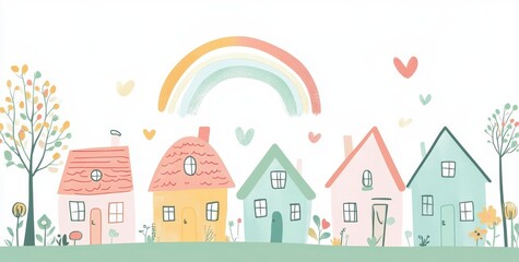 Pastel Houses and Rainbow Landscape Illustration