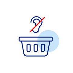 Shopping basket and crossed out ear symbol. No in-store announcements, silent checkout. Hearing-impaired customer service. Pixel perfect, editable stroke vector icon