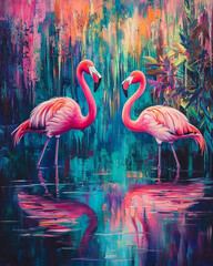Vibrant pink flamingos in tropical artistic landscape painting birds birds water fauna image colors