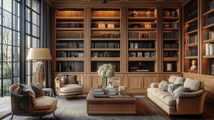  A mid-century modern desk with a brass lamp and sleek office chair. 