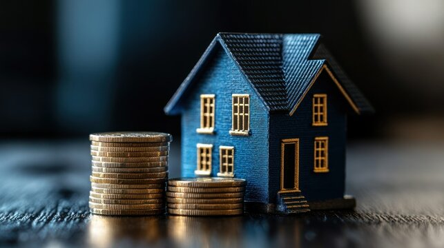 Miniature house model with stack of coins depicting real estate investment home affordability and property tax concept with savings