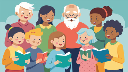 A gathering of elderly volunteers reading and singing to children at a local daycare center.. Vector illustration